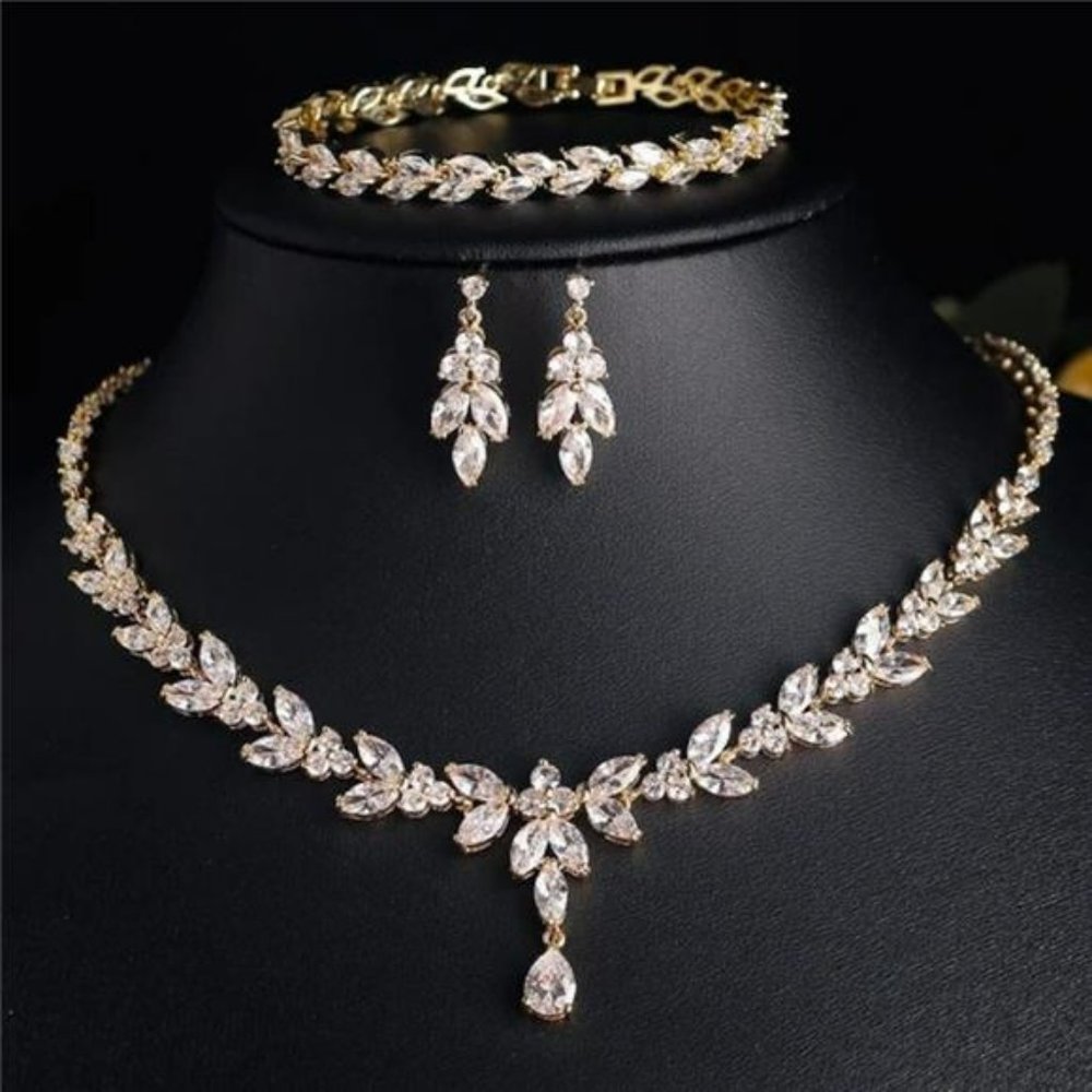 18k Rose Gold Necklace Set Bridal Jewelry Set Cubic Zirconia Rhinestone Earrings